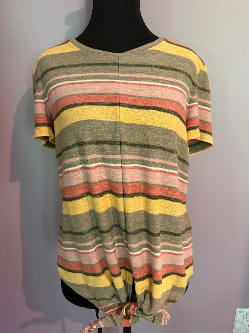 Madewell Size M Medium Striped Tie-Hem Short Sleeve Top - Olive, Yellow & Pink